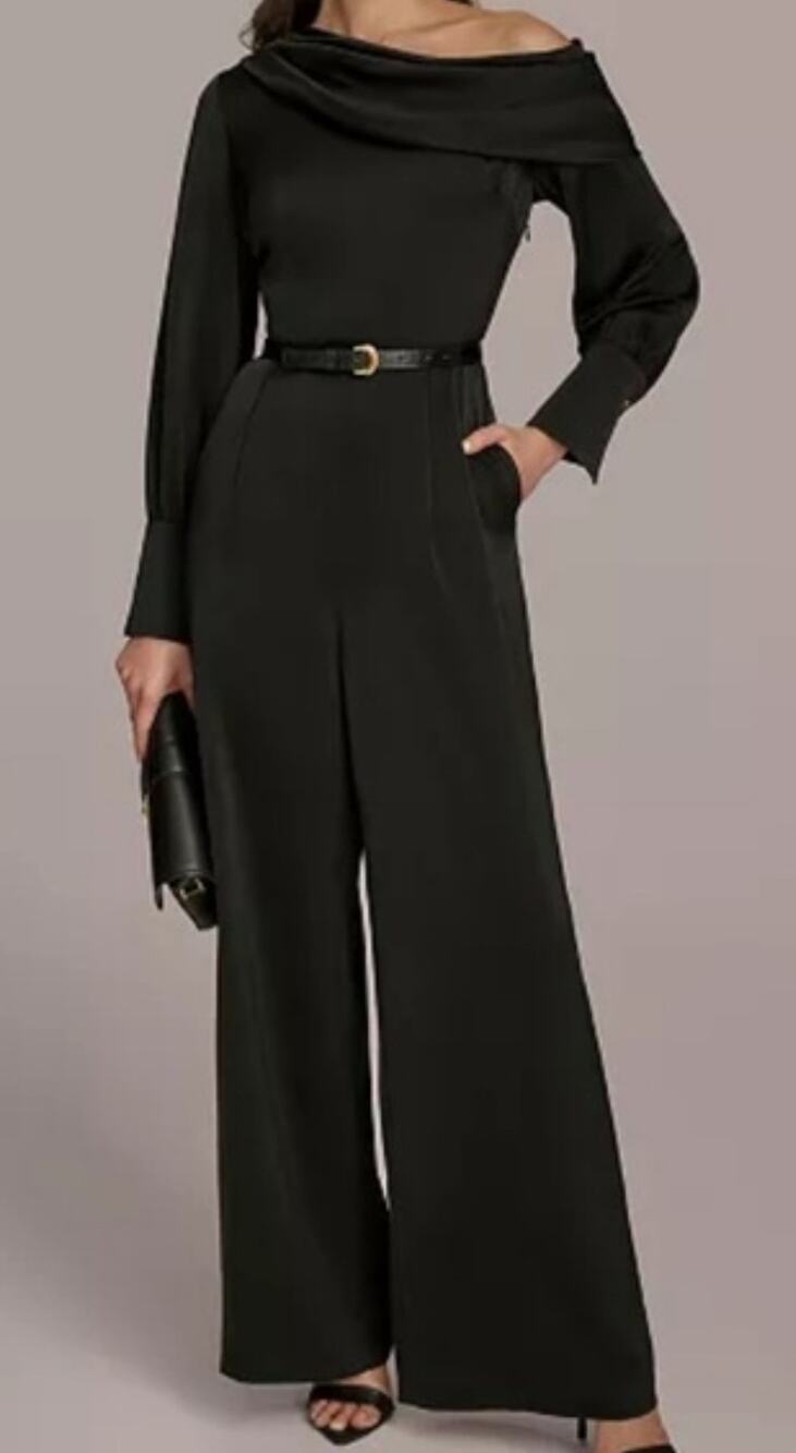 NWT Donna Karan Black Off-The-Shoulder Belted Jumpsuit